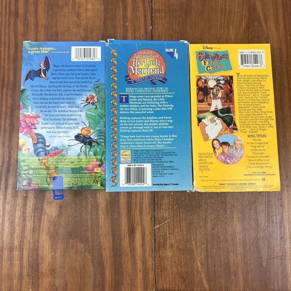 FernGully Little Mermaid Sebastian's Party Gras VHS Lot Disney Saban 3 Tape